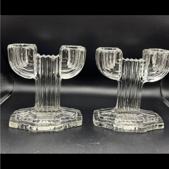 𝅺two 1940’s Anchor Hocking Art Deco Double Crystal Glass Cactus Shaped 5” - Picture 2 of 5